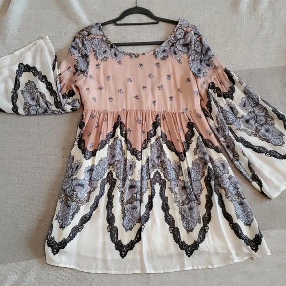 Free People | Dresses | Free People Pink And Blue Floral Bell Sleeve Mini  Dress | Poshmark